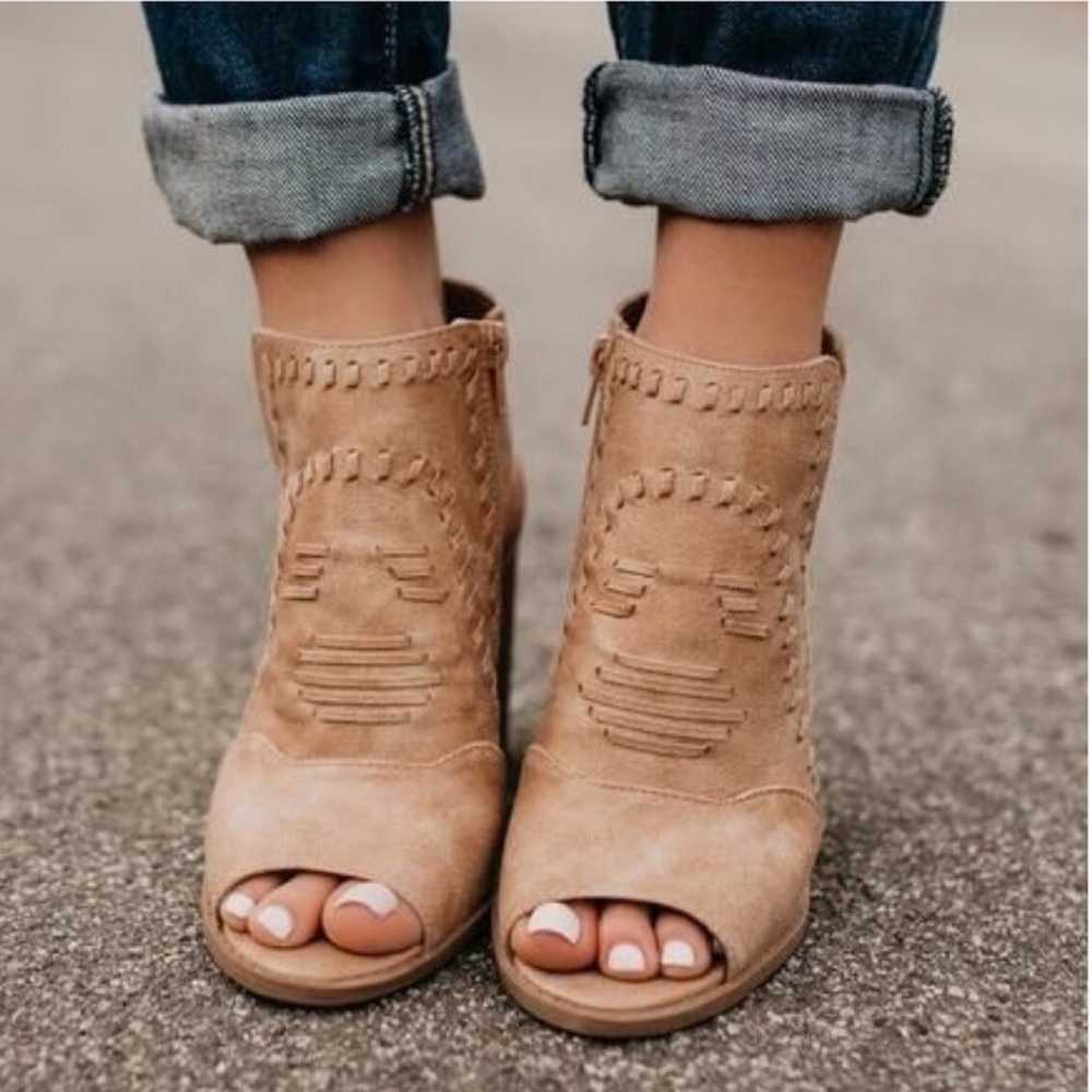 TAN DISTRESS PEEP-TOES BOOTIES - Picture 3 of 8